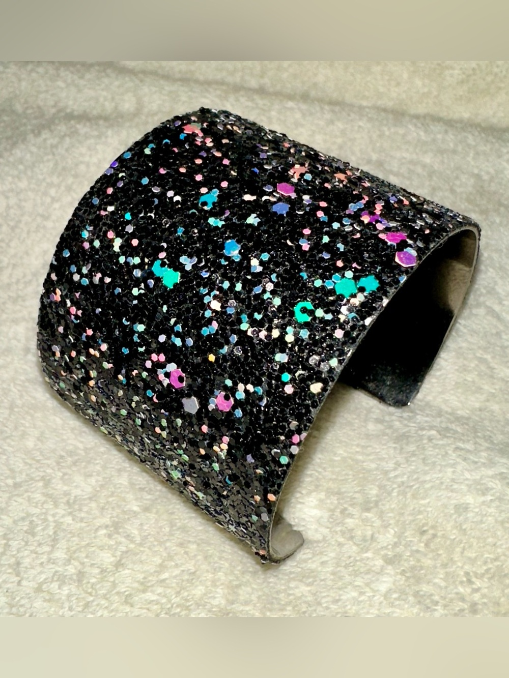 Y2K Black Glitter Cuff Bracelet Wide Chunky Iridescent Statement Bangle